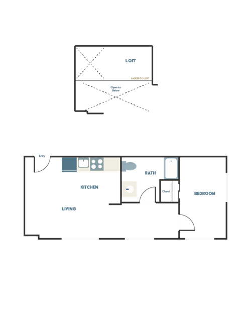 A floor plan of a house with a living room, kitchen, and bathroom.